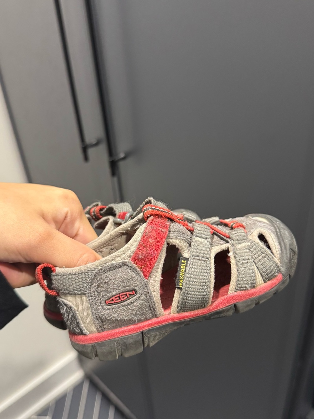 KEEN size 6 Kids Grey and Red Waterproof Sandal